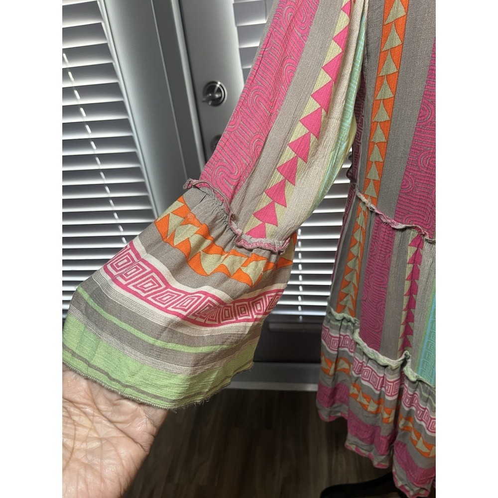 Elan Boho Tiered Babydoll Dress S Bell Sleeve Geo Print Multicolor Festival - Picture 11 of 15